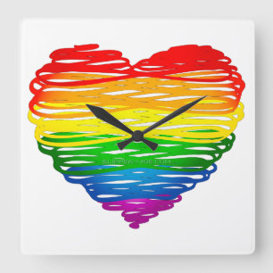 SlipperyJoe's rainbow coloured heart scribbled swi Square Wall Clock