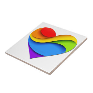 SlipperyJoe's rainbow layered heart shape red oran Ceramic Tile