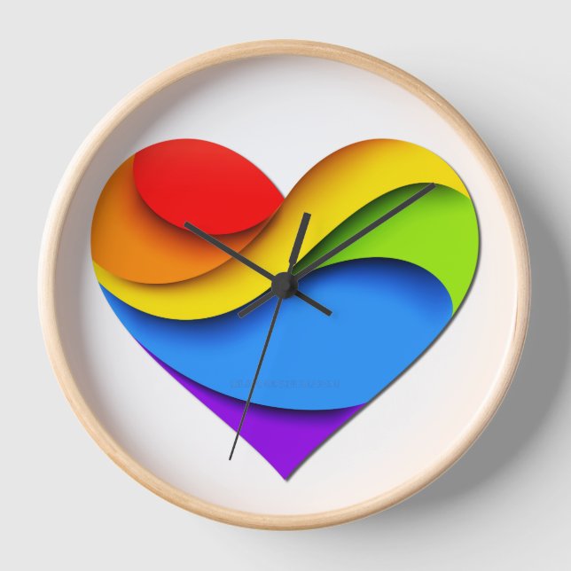 SlipperyJoe's rainbow layered heart shape red oran Clock (Front)