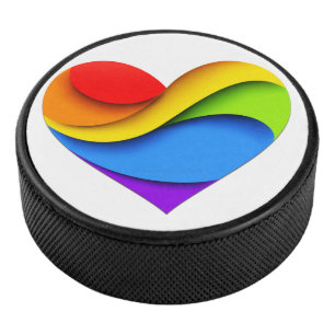 SlipperyJoe's rainbow layered heart shape red oran Hockey Puck