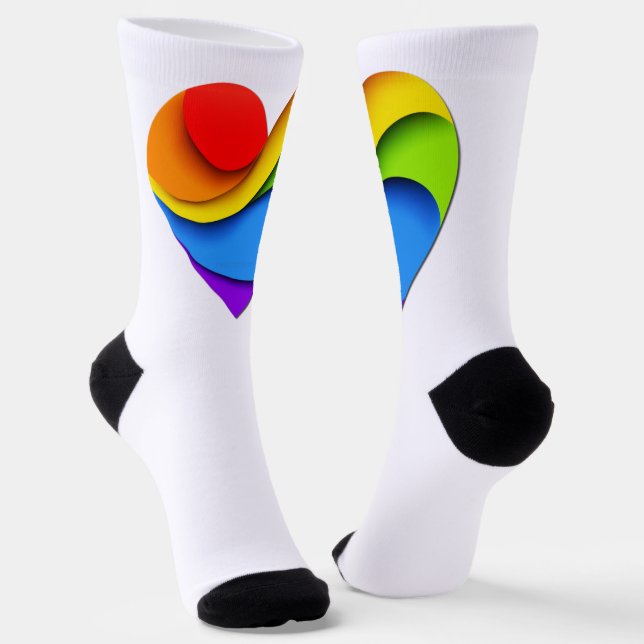 SlipperyJoe's rainbow layered heart shape red oran Socks (Angled)