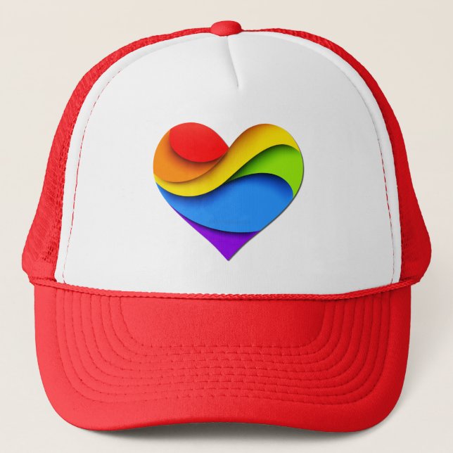 SlipperyJoe's rainbow layered heart shape red oran Trucker Hat (Front)