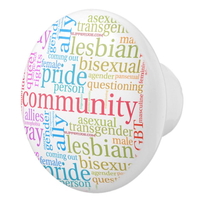 SlipperyJoe's rainbow LGBTQ+ community word cloud  Ceramic Knob (Right)