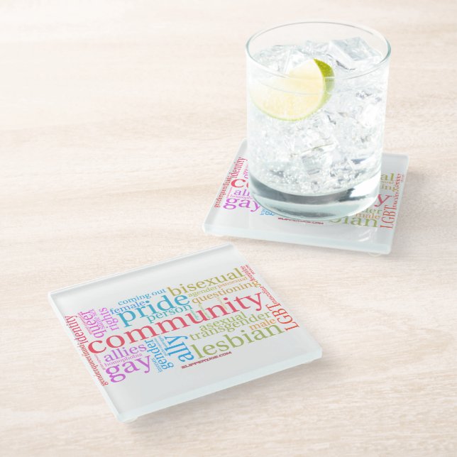 SlipperyJoe's rainbow LGBTQ+ community word cloud  Glass Coaster (Angled)