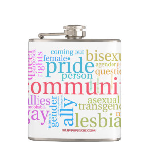 SlipperyJoe's rainbow LGBTQ+ community word cloud Hip Flask