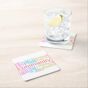 SlipperyJoe's rainbow LGBTQ+ community word cloud  Square Paper Coaster
