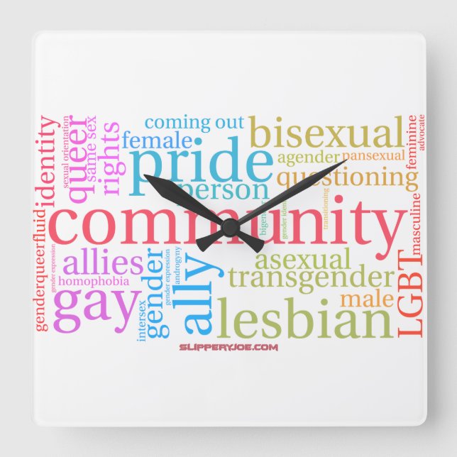 SlipperyJoe's rainbow LGBTQ+ community word cloud  Square Wall Clock (Front)