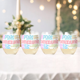 SlipperyJoe's rainbow LGBTQ+ community word cloud Stemless Wine Glass