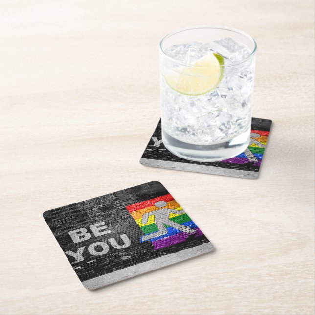 SlipperyJoe's rainbow pride colours panel urban st Square Paper Coaster (Insitu)