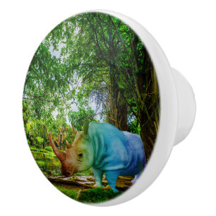 SlipperyJoe's rhinoceros lush tropical setting pri Ceramic Knob