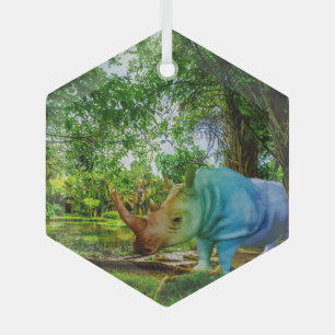 SlipperyJoe's rhinoceros lush tropical setting pri Glass Tree Decoration