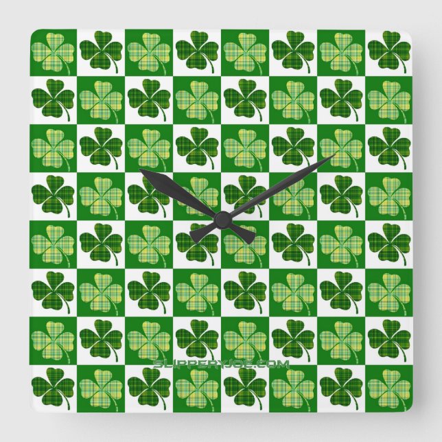 SlipperyJoe's Saint Patrick's Day four leaf clover Square Wall Clock (Front)