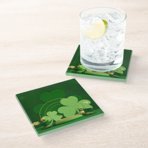 SlipperyJoe's Saint Patrick's Day three-leaf clove Glass Coaster