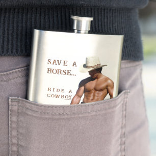 SlipperyJoe's Save a horse Ride A Cowboy hat muscu Hip Flask