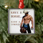 SlipperyJoe's save horse ride straw cowboy hat mus Metal Ornament<br><div class="desc">SlipperyJoe's save horse ride straw cowboy hat muscular man shirtless torso holding saddle well-defined physique chiseled six-pack hat chaps saddle black belt silver buckle rancher life muscles rippling wild ride ahead bold rugged western vibe artistic gay pride gifts LGBTQIA yeehaw blue jeans</div>