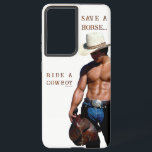 SlipperyJoe's save horse ride straw cowboy hat mus Samsung Galaxy Case<br><div class="desc">SlipperyJoe's save horse ride straw cowboy hat muscular man shirtless torso holding saddle well-defined physique chiseled six-pack hat chaps saddle black belt silver buckle rancher life muscles rippling wild ride ahead bold rugged western vibe artistic gay pride gifts LGBTQIA yeehaw blue jeans</div>