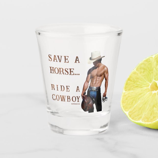 SlipperyJoe's save horse ride straw cowboy hat mus Shot Glass (Front)