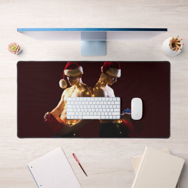 SlipperyJoe's shirtless men back-to-back Christmas Desk Mat (Office 1)