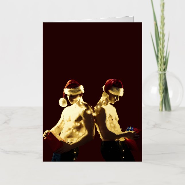 SlipperyJoe's shirtless men back-to-back Christmas Foil Holiday Card (Front)