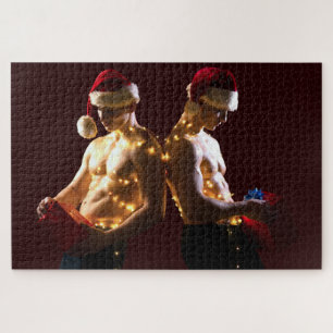 SlipperyJoe's shirtless men back-to-back Christmas Jigsaw Puzzle