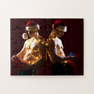SlipperyJoe's shirtless men back-to-back Christmas Jigsaw Puzzle