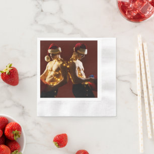 SlipperyJoe's shirtless men back-to-back Christmas Napkin