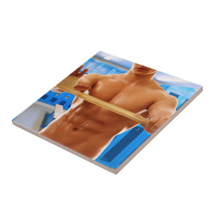 SlipperyJoe's shirtless muscular man abs chest sho Ceramic Tile