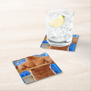 SlipperyJoe's shirtless muscular man abs chest sho Square Paper Coaster