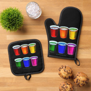 SlipperyJoe's shot glasses six cups arranged horiz Oven Mitt & Pot Holder Set
