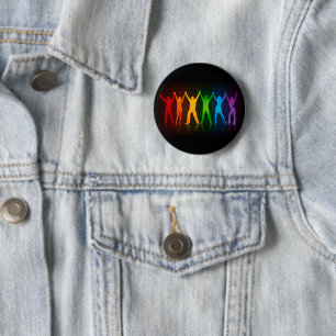 Slipperyjoe's six standing silhouettes arms raised 6 cm round badge