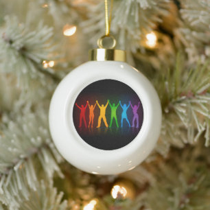 Slipperyjoe's six standing silhouettes arms raised ceramic ball christmas ornament