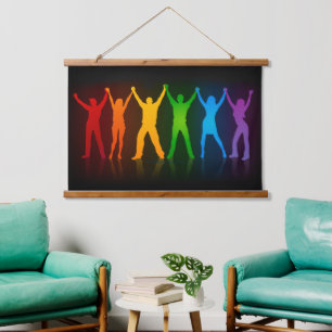 Slipperyjoe's six standing silhouettes arms raised hanging tapestry