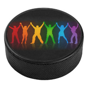 Slipperyjoe's six standing silhouettes arms raised hockey puck