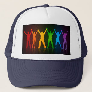 Slipperyjoe's six standing silhouettes arms raised trucker hat