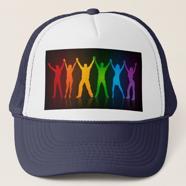 Slipperyjoe's six standing silhouettes arms raised trucker hat (Front)