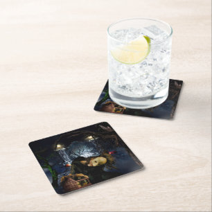 SlipperyJoe's spooky Halloween scary woods large i Square Paper Coaster