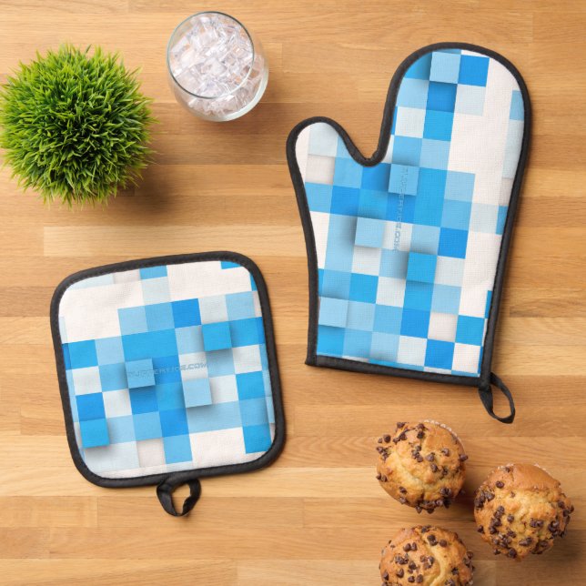 SlipperyJoe's squares artwork mosaic modern three- Oven Mitt & Pot Holder Set (Top Down)