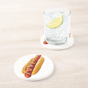 SlipperyJoe's summer BBQ vibe hot dog nestled soft Coaster