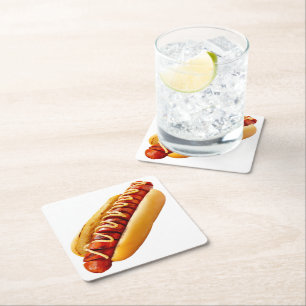 SlipperyJoe's summer BBQ vibe hot dog nestled soft Square Paper Coaster