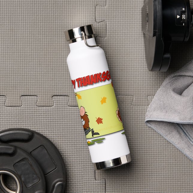 SlipperyJoe's Thanksgiving funny leaves pilgrim ru Water Bottle (Gym)