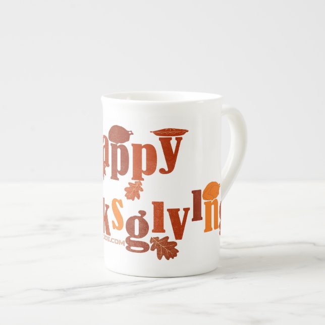SlipperyJoe's Thanksgiving leaves brown orange pie Bone China Mug (Front Right)