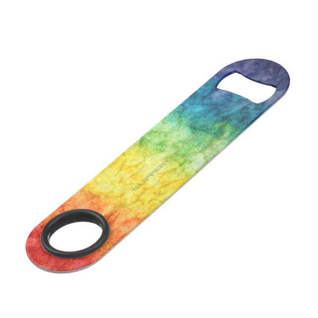 SlipperyJoe's tie-dyed flag rainbow pressed into s (Front Angled)