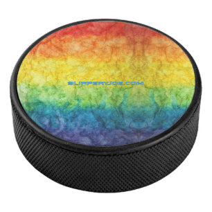 SlipperyJoe's tie-dyed flag rainbow pressed into s Hockey Puck