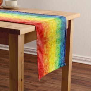 SlipperyJoe's tie-dyed flag rainbow pressed into s Short Table Runner