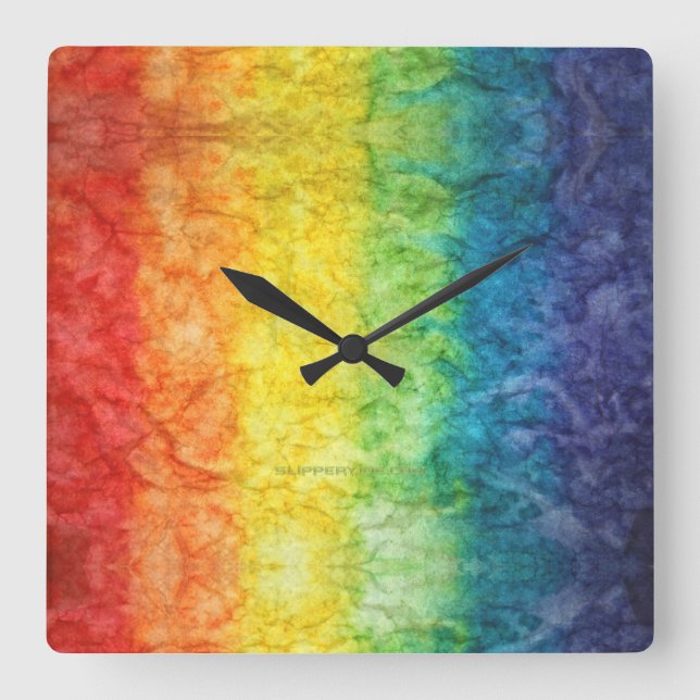 SlipperyJoe's tie-dyed flag rainbow pressed into s Square Wall Clock (Front)