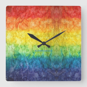SlipperyJoe's tie-dyed flag rainbow pressed into s Square Wall Clock