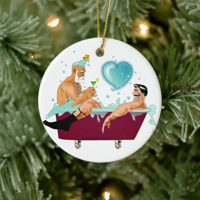 SlipperyJoe's two gay men love cartoon bathtub soa Ceramic Ornament (Tree)