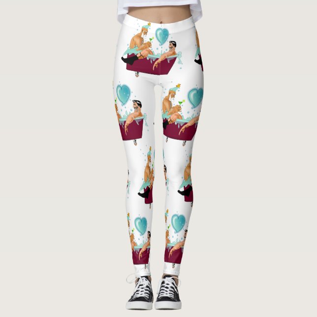 SlipperyJoe's two gay men love cartoon bathtub soa Leggings (Front)
