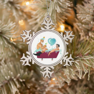 SlipperyJoe's two gay men love cartoon bathtub soa Snowflake Pewter Christmas Ornament