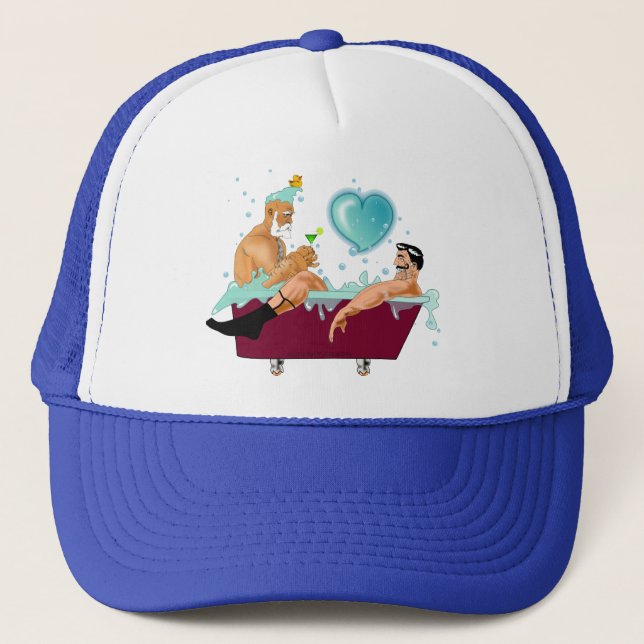 SlipperyJoe's two gay men love cartoon bathtub soa Trucker Hat (Front)